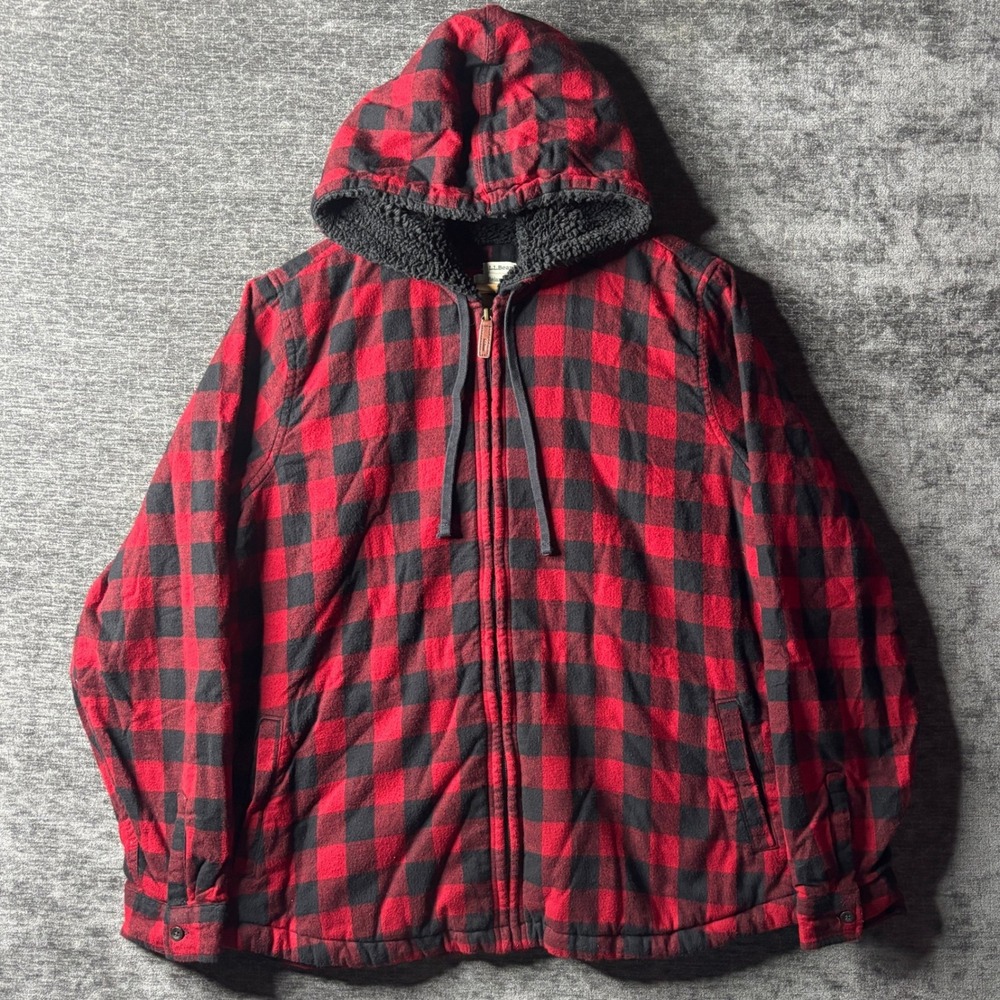 LL Bean Womens Buffalo Plaid Sherpa Lined Flannel Hoodie Jacket Red Black Size L